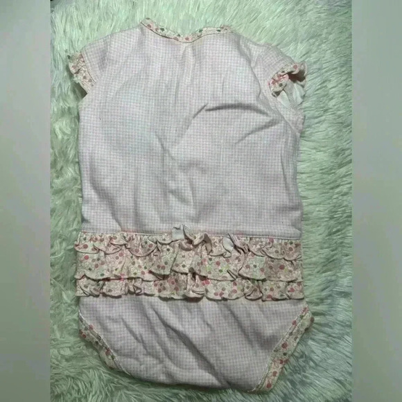GIRLS 9 Months 1-Piece Bodysuit Pink Gingham-Flower Trim & Ruffle - Picture 2 of 6